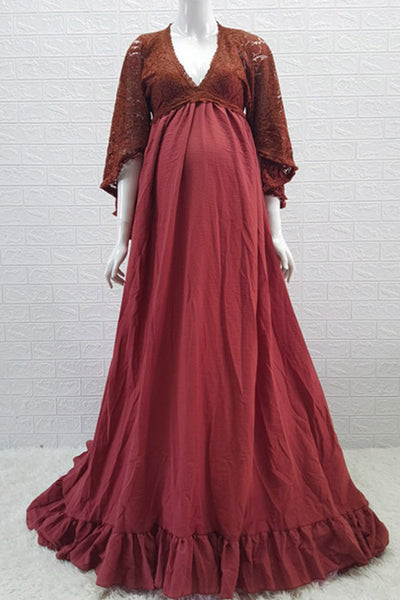 Boho Vintage Lace Maxi Maternity Long Dress Photoshoot Gown, Rust Red / XL Boho Vintage Lace Maxi Maternity Long Dress Photoshoot Gown, Rust Red / XL