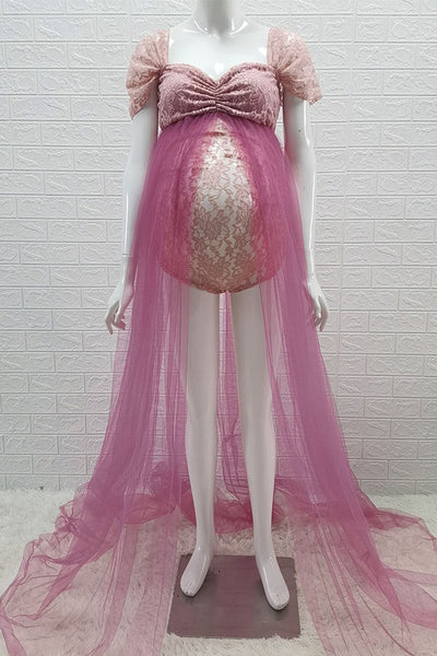 Chic Lace Cap Sleeves Maternity Bodysuit Dress, Champagne / XL