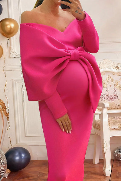 Fuchsia Plus Size Off-the-shoulder Maternity Baby Shower Dress, Fuchsia / 3XL