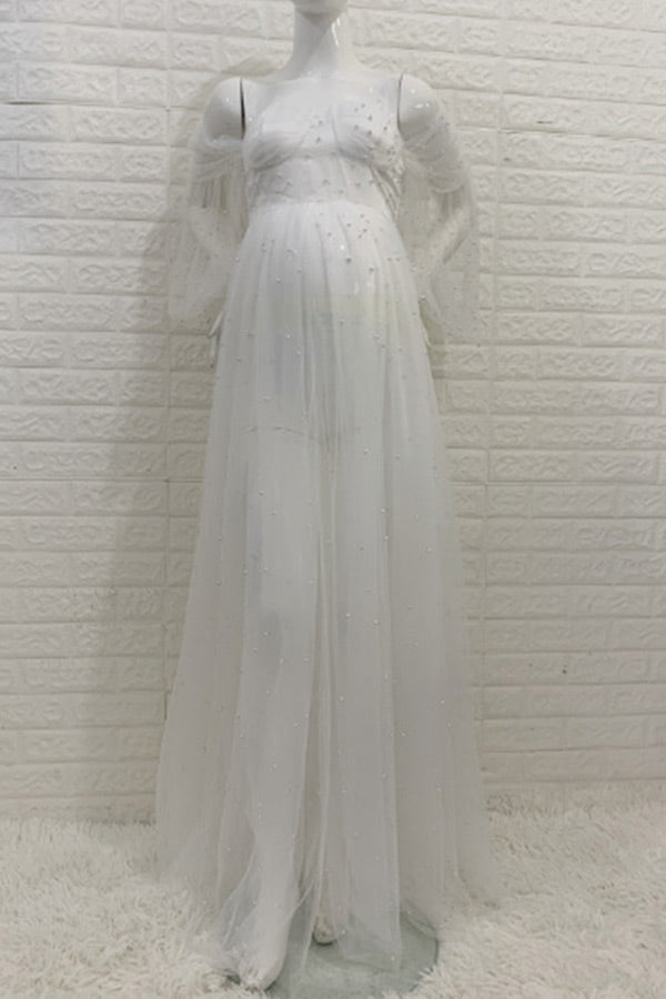 Ivory Beaded Tulle See-through Maternity Photoshoot Dress