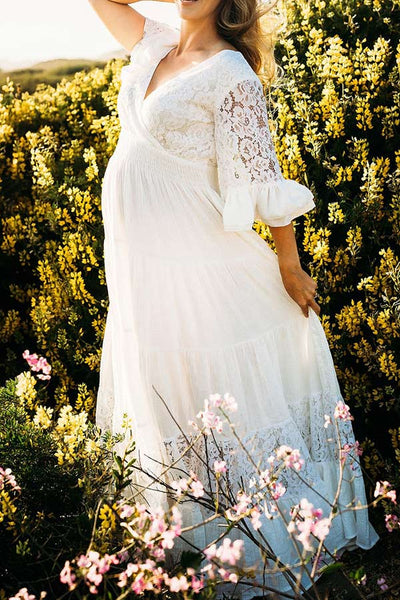 flowy lace maternity dress Maternity V-Neck 3/4 Sleeve Semi-Sheer Knit Dress, Bohemian Style Lace Embroidery Flowy Loose Bell Hem Maternity Dress For Photos, Pregnancy Parties, Daily Wear, Home, And Formal Occasions