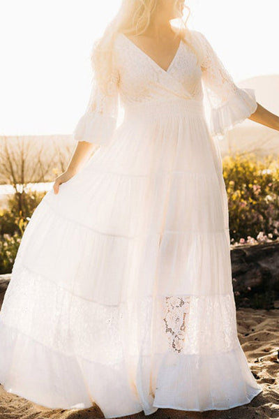 Lace Puffy Sleeves Maxi Maternity Beach Photoshoot Dress, Black / M