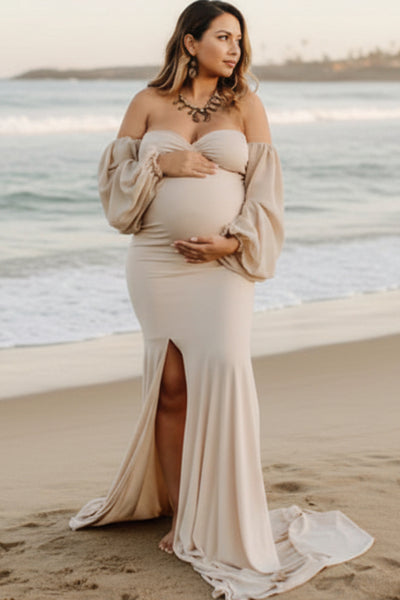 champagne maternity dress New Champagne Two-piece Strapless Maternity Photoshoot Dress, Champagne / XL