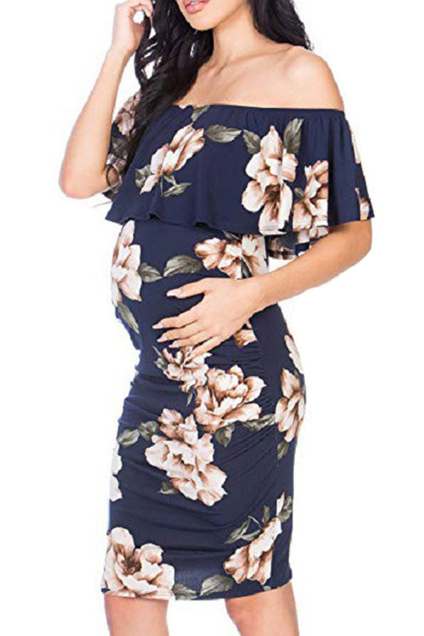 Off Shoulder Fitted Ruffled Short Maternity Dress