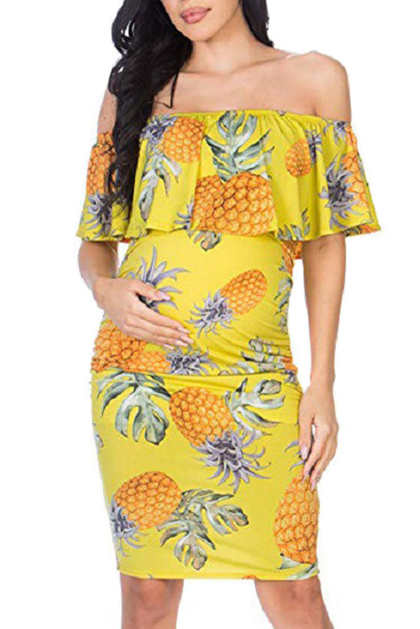 Off Shoulder Fitted Ruffled Short Maternity Dress