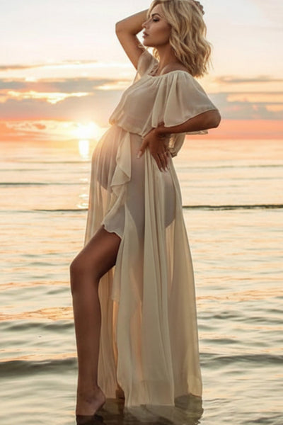 white christmas dresses Taupe Floral Off Shoulder Long Sleeve Maternity Maxi Dress – PinkBlush main image 1