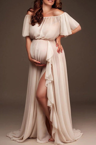 Off-the-shoulder Sheer High Slit Maxi Maternity Dress Glamix Maternity Off-the-shoulder Sheer High Slit Maxi Maternity Dress Glamix Maternity