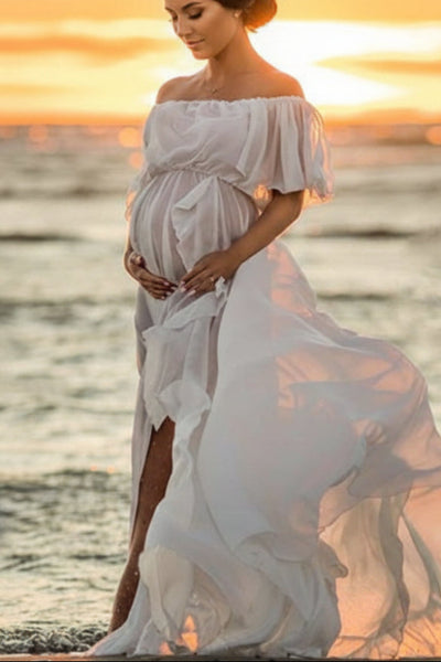 off the shoulder sheer maxi dress if by sea Off-the-shoulder Sheer High Slit Maxi Maternity Dress