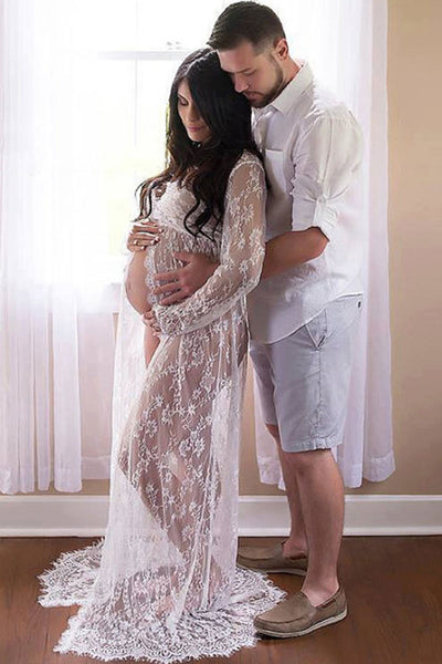 knee length dresses for ladies Sexy Lace See-through Maternity Baby Shower Dress