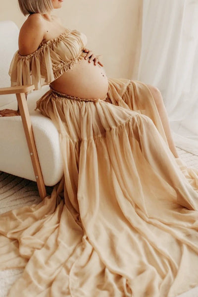 Sexy Off-the-shoulder Two-piece Chiffon Maternity Photoshoot Dress, Burgundy / M