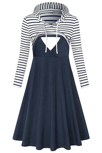 hooded collar long sleeve striped dress Striped Two-tone Long Sleeves Hooded Nursing Dress