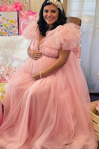V-neck Soft Tulle Ruffled Maternity Baby Shower Dress | GLAMIX Glamix Maternity V-neck Soft Tulle Ruffled Maternity Baby Shower Dress | GLAMIX Glamix Maternity