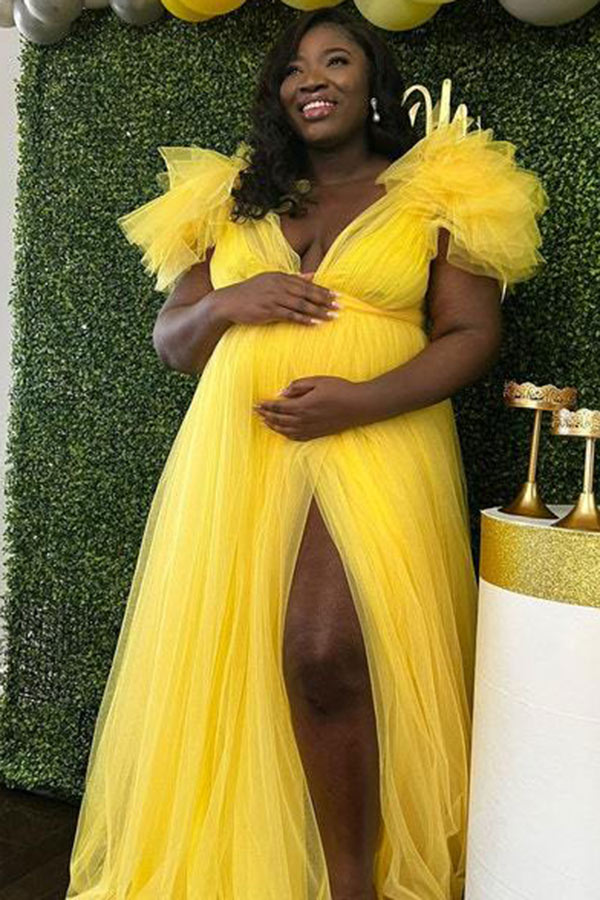 V-neck Soft Tulle  Ruffled Maternity Baby Shower Dress