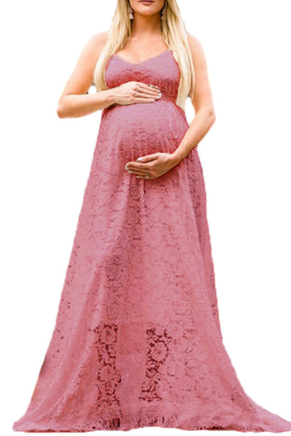 White Vintage Backless Lace Maternity Photoshoot Gown