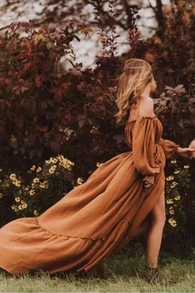 boho dresses for photoshoot Vintage Off-the-shoulder High Slit Maternity Dress, Rust / One-size shoulder neckline and flowing Meetjen Womens Cocktail Party easy spring style Size:US 8 / UK 12