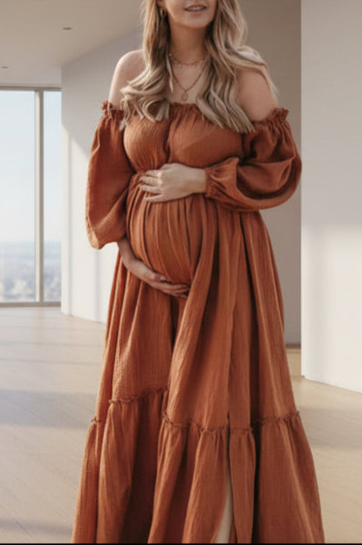Vintage Off-the-shoulder High Slit Boho Maternity Photoshoot Dress, Rust / One-size