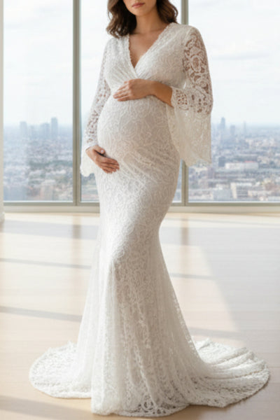 white mermaid maternity dress White Lace Mermaid Maternity Photoshoot Dress, White / S