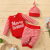 [6M-3Y] 3pcs Baby Christmas Romper & Red Stripes Pant & Hat Set