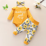 [6M-3Y] 3pcs Baby Girl Yellow Long-Sleeve Romper & Floral Pant Set
