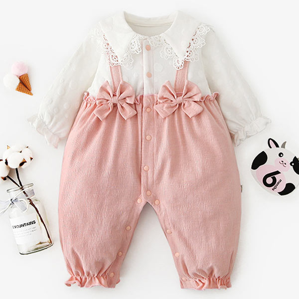 3M-24M] Baby Girls Cute Pink Overalls With Lace Lapel Shirt  Glamix  Maternity
