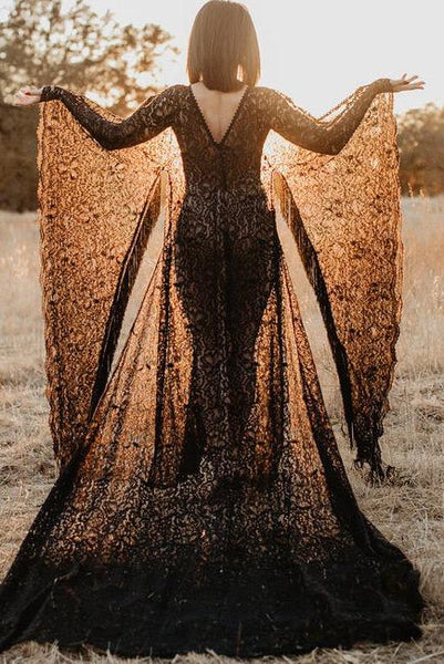 long sleeve black lace maternity dress Tiffany Rose Isabella Long Maternity Gown with sleeves in Glitter Black