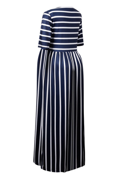 Dark Navy Striped Maternity Dress Midi Nursing Dress