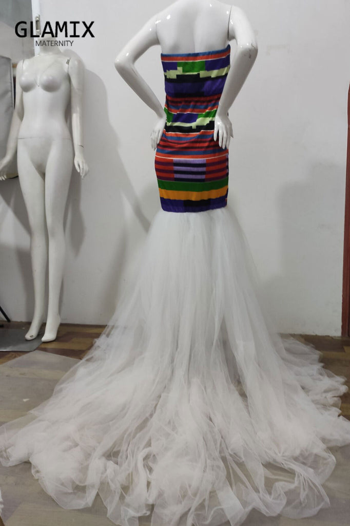 Fabulous Color Block Strapless Mermaid Photoshoot Gown