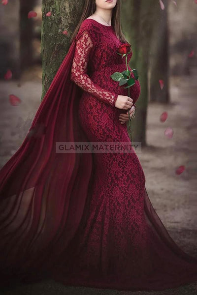 Fabulous Lace Mermaid Caped Photoshoot Gown With Sleeves Glamix Maternity Fabulous Lace Mermaid Caped Photoshoot Gown With Sleeves Glamix Maternity