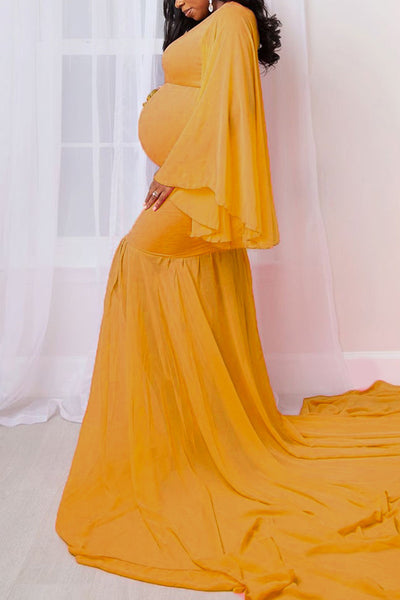 yellow mermaid maternity dress Momyknows Floral Ribbon Appliques Bodice Backless Cami Mermaid Maternity Maxi Dress, Yellow / M