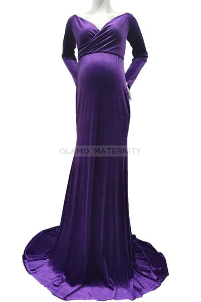 Fabulous Long Blue Long Sleeves Velvet Maternity Dress