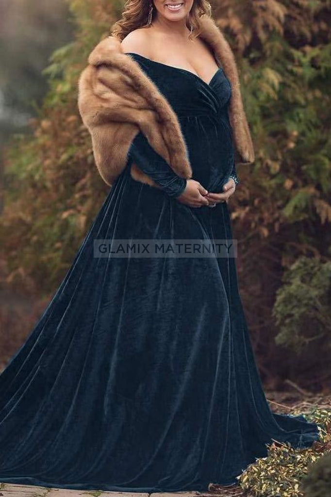 Fabulous Velvet Long Maternity Dress With Sleeves