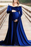 Fabulous Long Blue Long Sleeves Velvet Maternity Dress