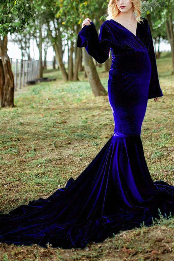 Gold Velvet V-Neck Exquisite Maternity Photography Dress