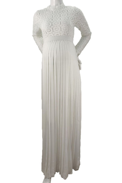 Lace Maternity Long Pleated Photoshoot Wedding Dress, White / XL Lace Maternity Long Pleated Photoshoot Wedding Dress, White / XL