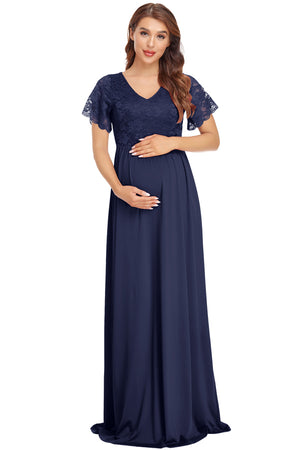Lace Maxi Dress Short Sleeves V-Neck Long Dress Maternity Photoshoot