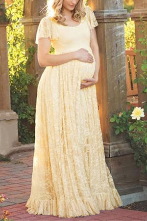 Lace Scoop Maternity Photoshoot Long Dress Yellow / S Dresses
