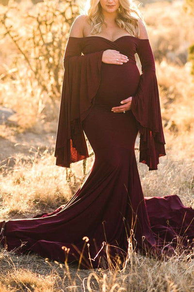 knee length dresses for ladies Harlow Elegant V Neck Ruffles Long Sleeve Maternity Dress for Photosho main image 0