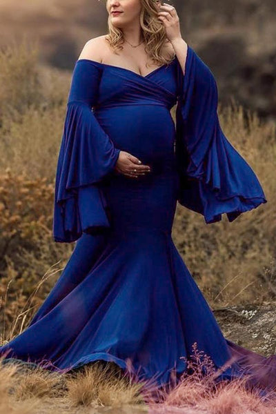 maternity deep v-neck buttons long sleeve ruffled photoshoot dress Off-the-shoulder Ruffle Sleeve Maternity Photoshoot Dress, Blue / S