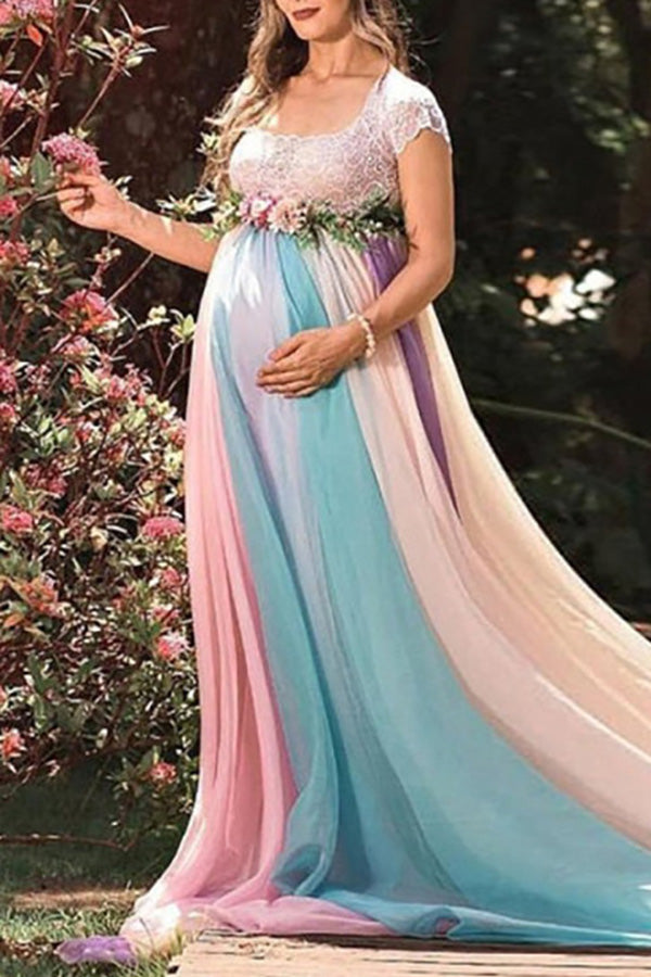 Rainbow Lace Maxi Maternity Gown Baby Shower Dress