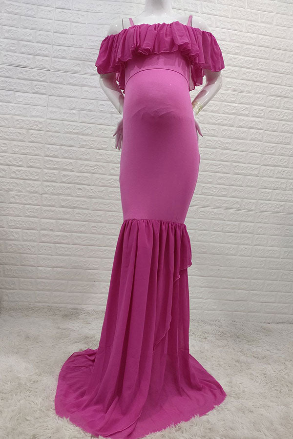 Ruffled Mermaid Maternity Spaghetti Straps Dress - Glamix Maternity
