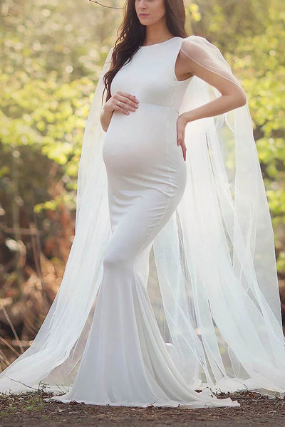 Fabulous White Slim-Fit Caped Maternity Photoshoot Dress