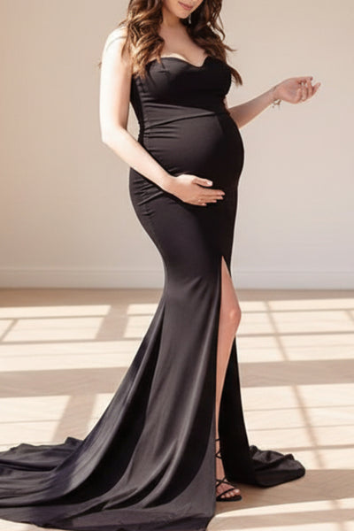 black strapless maternity bridesmaid dress Sexy Thigh-high Slit Pregnancy dress