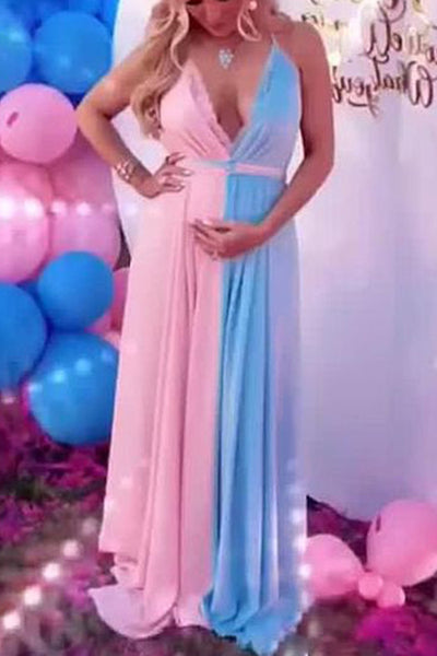 Sexy Two-tone Thigh-high Slit Maternity Dress, Pink / L