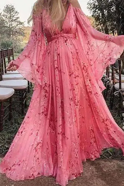 long sleeve boho maternity dress Vintage Boho Maxi Maternity Dress Floral Photoshoot Dress, Pink / L