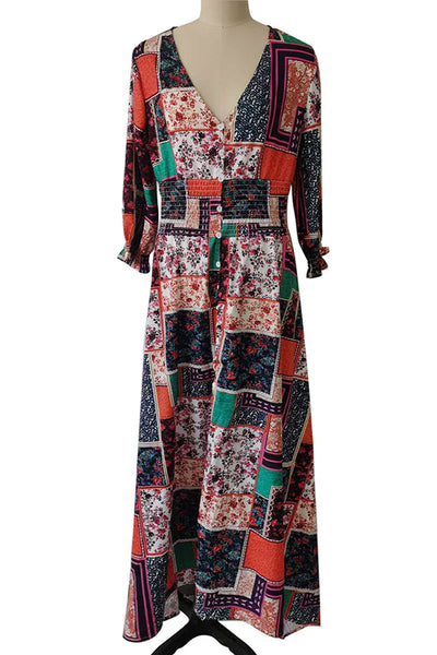 Vintage Boho Printed Maternity Maxi Dress, Brown / 3XL