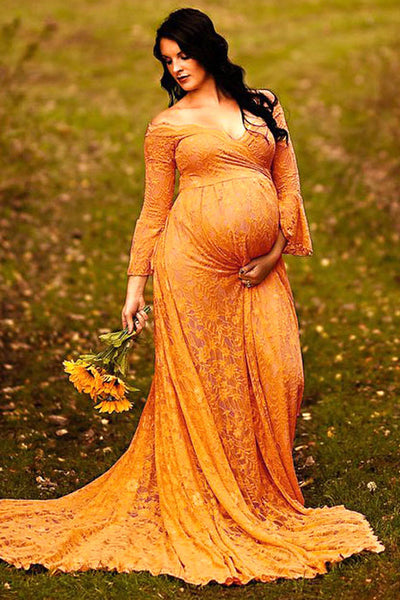 burnt orange long sleeve maternity dress Vintage Lace Off-the-shoulder Maternity Photoshoot Gown – Glamix Maternity