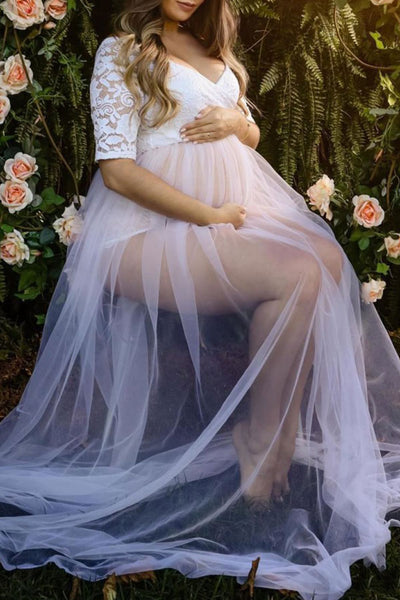 White Lace See-through Short Sleeves Maternity Photoshoot Dress | GLAMIX Glamix Maternity White Lace See-through Short Sleeves Maternity Photoshoot Dress | GLAMIX Glamix Maternity