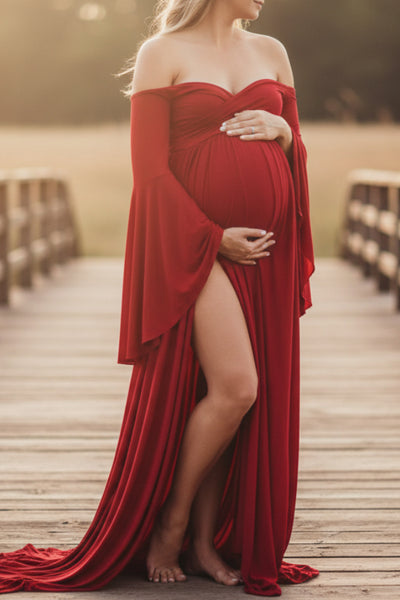Bell Sleeve Cross Bust Flare Maternity Gown, Yellow / XL Bell Sleeve Cross Bust Flare Maternity Gown, Yellow / XL