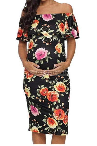 off shoulder floral bodycon dress Off Shoulder Floral Maternity Bodycon Dress