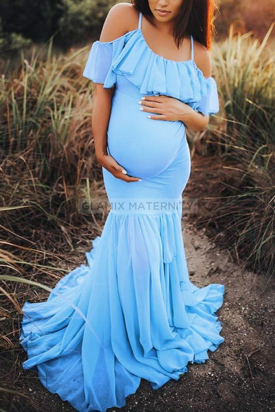 Ruffled Mermaid Maternity Spaghetti Straps Dress, Blue / M